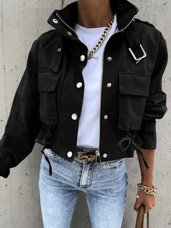 Buttoned Drawstring Pockets Solid Color Split-Joint Zipper Long Sleeves Loose Stand Collar Outerwear Jackets