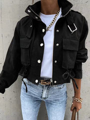 Buttoned Drawstring Pockets Solid Color Split-Joint Zipper Long Sleeves Loose Stand Collar Outerwear Jackets
