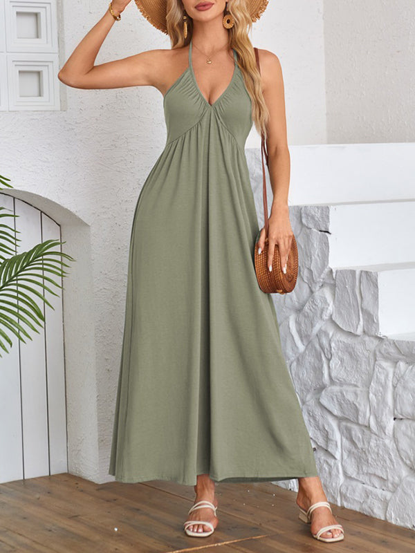 Pleated Solid Color Split-Joint A-Line Loose Deep V-Neck Maxi Dresses