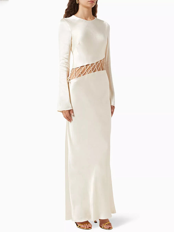 Hollow Solid Color High Waisted Long Sleeves Round-Neck Maxi Dresses
