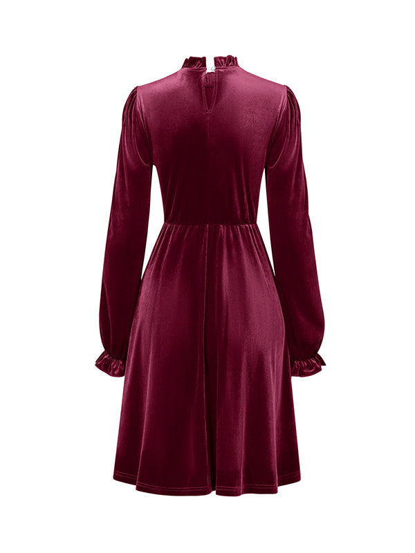 Hollow Ruffled Solid Color Velvet A-Line High Waisted Mock Neck Mini Dresses