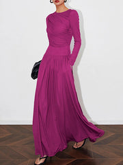 Pleated Solid Color Split-Joint Long Sleeves Round-Neck Maxi Dresses