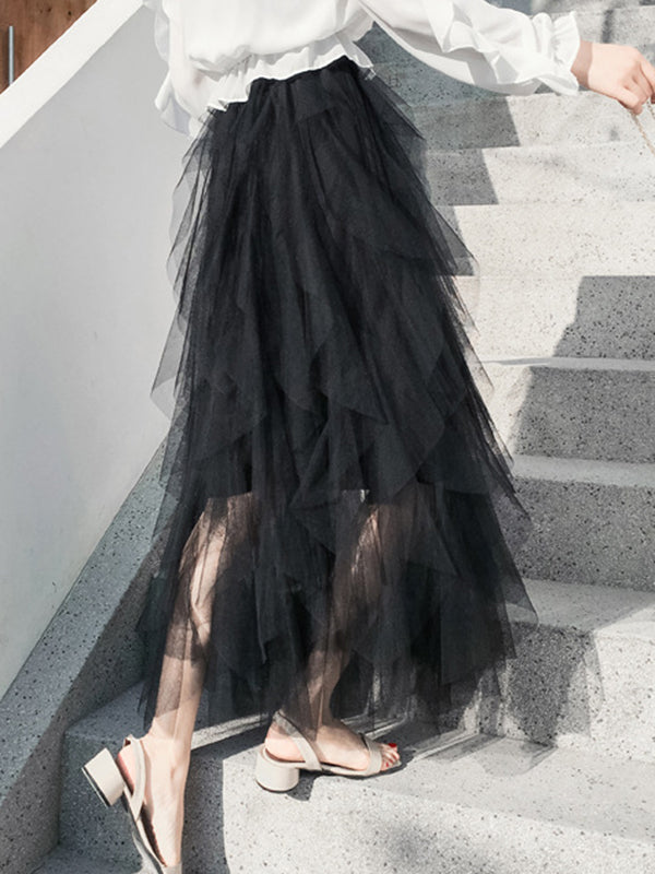 Original Stylish Irregular Mesh Solid Color Skirt