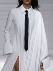Long Sleeves Loose With Necktie Split-Joint Split-side Lapel Maxi Dresses Shirt Dress