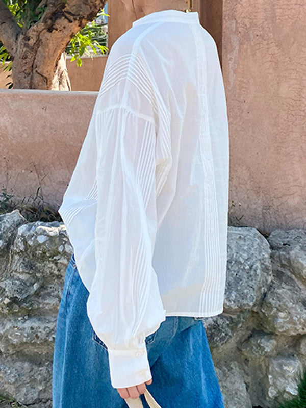 Buttoned Pleated Solid Color Split-Joint Long Sleeves Loose Stand Collar Blouses&Shirts Tops