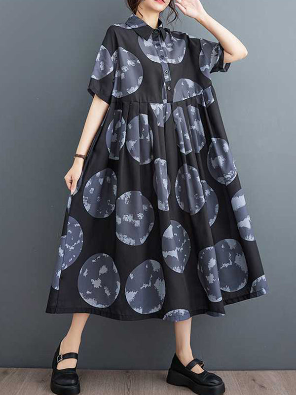 Polka-Dot Loose Short Sleeves Lapel Collar Midi Dresses