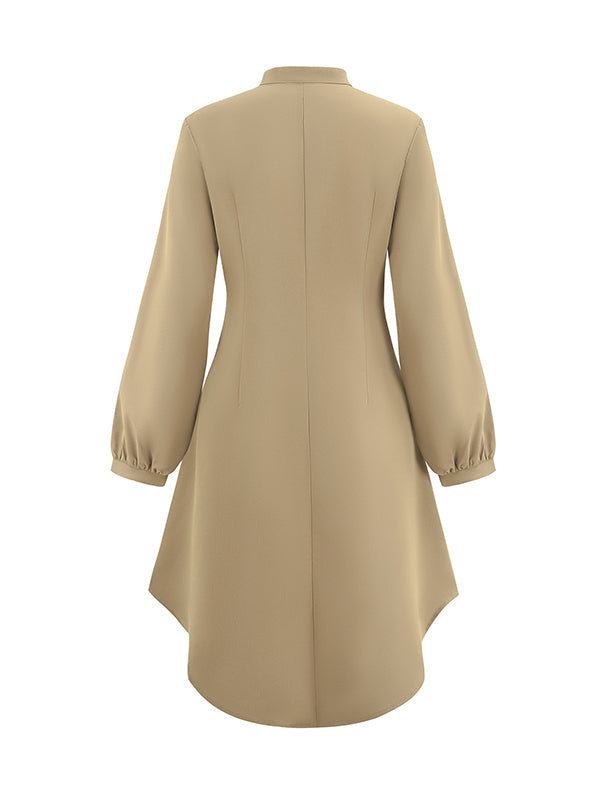 Buttoned No Belt Pleated Solid Color Long Sleeves Loose V-neck Shirt Dress Midi Dresses