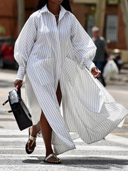 Buttoned Split-Side Striped Long Sleeves Loose Lapel Shirt Dress Maxi Dresses