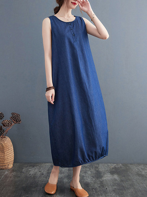 Simple Denim Blue Round-Neck Buttoned Sleeveless Midi Dress