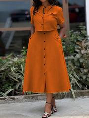 Round-Neck Buttoned Pockets Split-Joint T-shirt Top + A-Line High Waisted Skirts Bottom Two Pieces Set