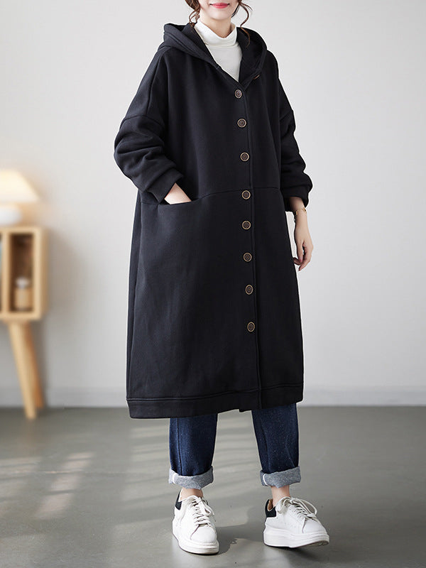 Buttoned Pockets Long Sleeves Loose Hooded Outerwear
