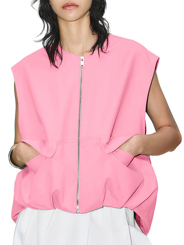 Pockets Split-Joint Zipper Loose Sleeveless Round-Neck Vest Outerwear