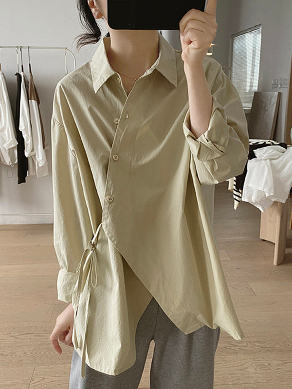 Lace-Up Solid Color Irregular Clipping Long Sleeves Lapel Blouses