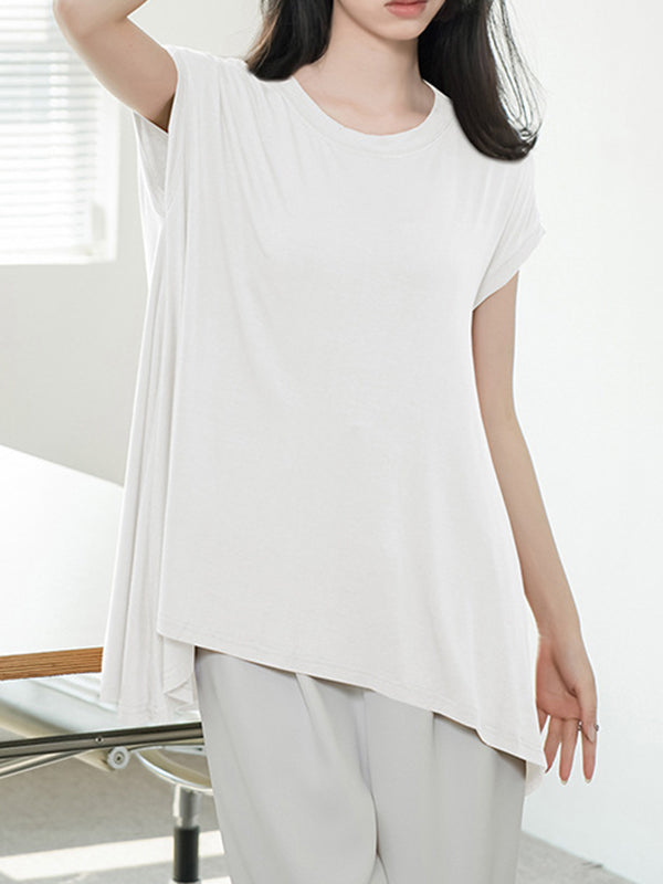 Asymmetric Solid Color High-Low Loose Round-Neck T-Shirts Tops