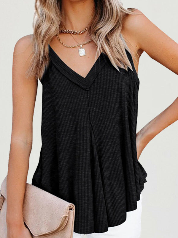 Pleated Solid Color Loose Sleeveless V-Neck Vest Top