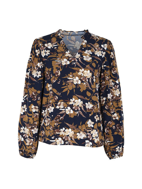 Flower Print Long Sleeves Loose V-Neck Blouses&Shirts Tops