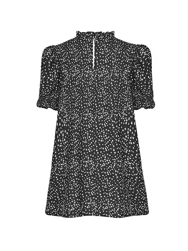 Elastics Floral Printed Split-Joint Bishop Sleeve Stand Collar Blouses&Shirts Tops