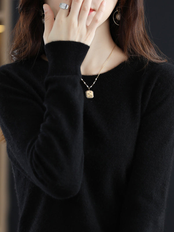 Casual Long Sleeves Loose Solid Color Round-Neck Sweater Tops