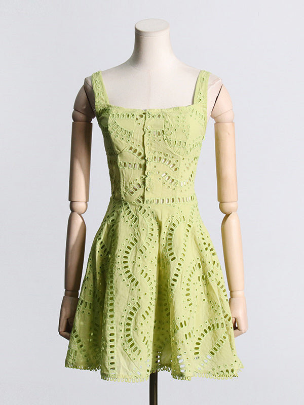 Buttoned Elasticity Hollow Solid Color High Waisted Loose Spaghetti-Neck Mini Dresses