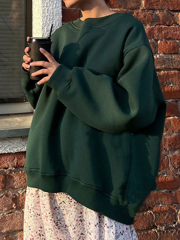 Solid Color Long Sleeves Loose Round-Neck Sweatshirt Tops