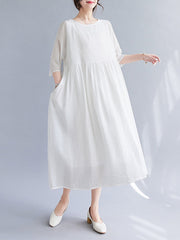 Pleated See-Through Solid Color Split-Joint Loose Short Sleeves Round-Neck Midi Dresses
