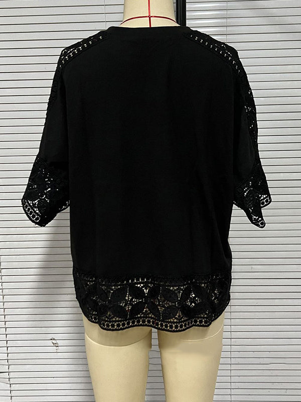 Hollow Solid Color Split-Joint Half Sleeves Loose Round-Neck T-Shirts