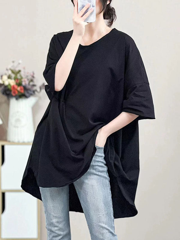 Pockets Solid Color Half Sleeves Irregular Clipping V-Neck T-Shirts Tops