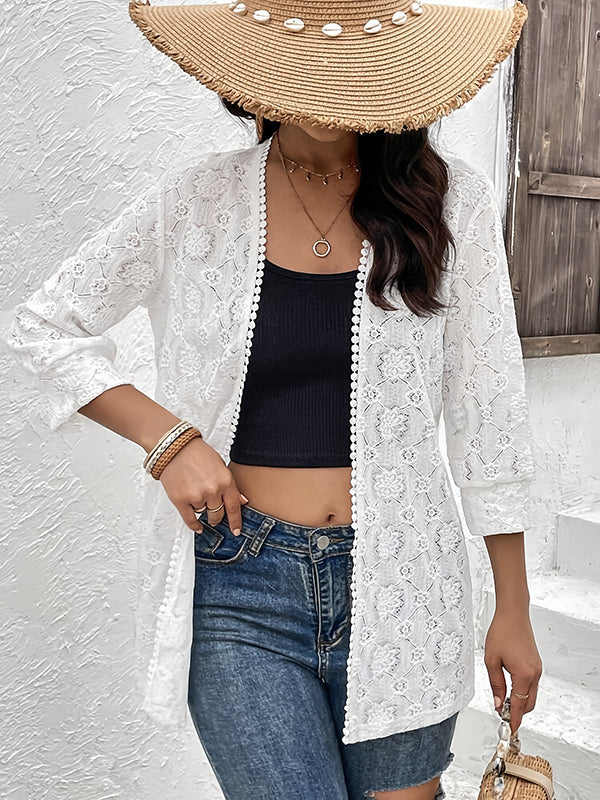 Solid Color Split-Joint Wood Ear Lace Loose Three-Quarter Sleeves Collarless Outerwear
