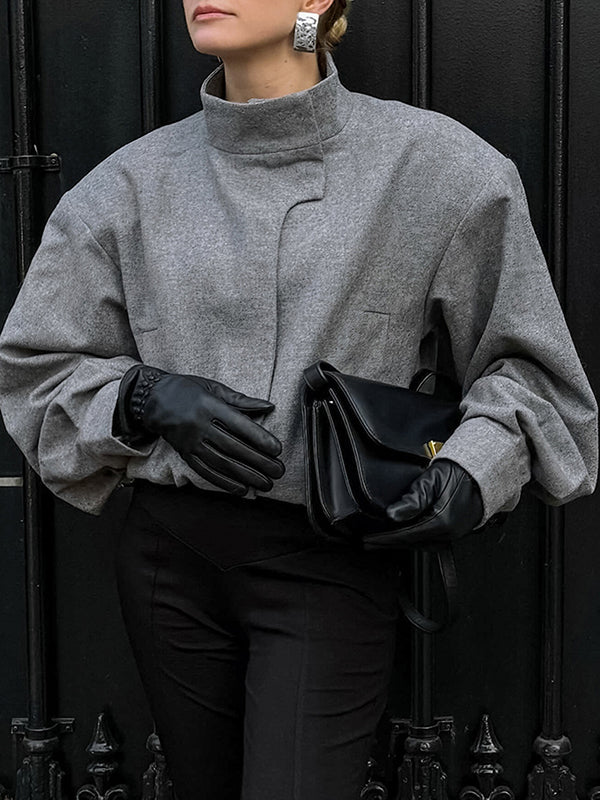 Elasticity Solid Color Long Sleeves Loose Stand Collar Woolen Coat