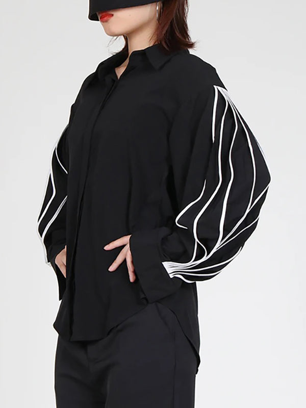 Buttoned Contrast Color Long Sleeves Loose Lapel Blouses&Shirts Tops
