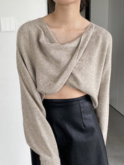 Knot Solid Color Batwing Sleeves Long Sleeves V-Neck Sweater Tops Pullovers