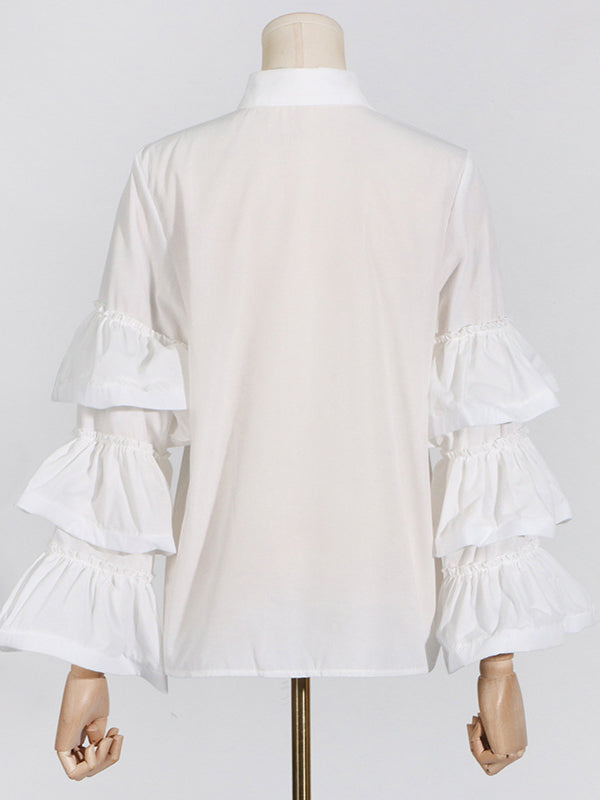 Buttoned Pleated Ruffled Solid Color Split-Joint Long Sleeves Loose Lapel Blouses&Shirts Tops
