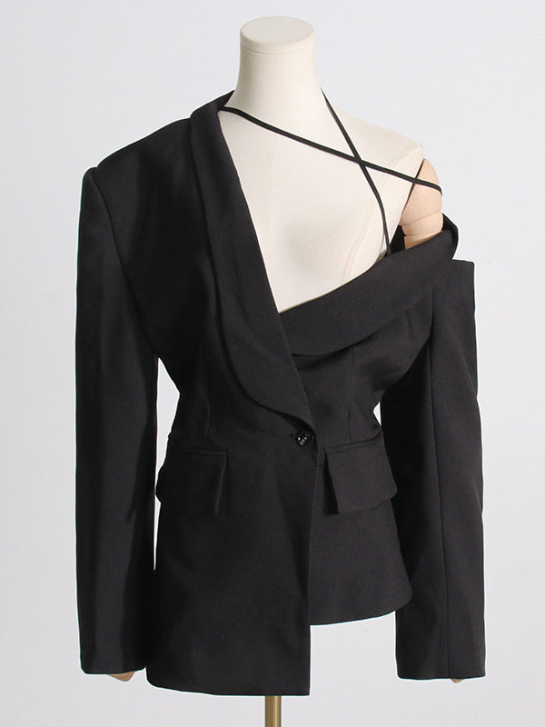 Asymmetric Buttoned Hollow Solid Color Tied Long Sleeves Loose Asymmetric Collar Blazer