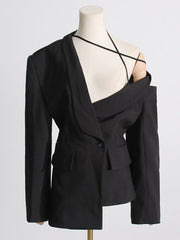 Asymmetric Buttoned Hollow Solid Color Tied Long Sleeves Loose Asymmetric Collar Blazer