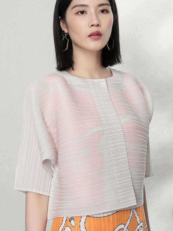 Casual Loose Half Sleeves Pleated Solid Color Outerwear