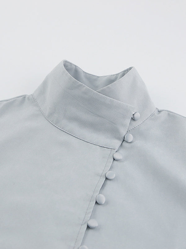 Solid Color Split-Joint Long Sleeves Loose High-Neck Blouses