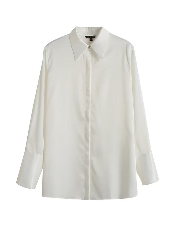 Casual Loose Long Sleeves Buttoned Solid Color Lapel Collar Blouses&Shirts Tops