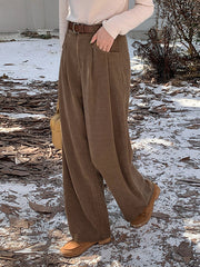 High-Waisted Pleated Solid Color Split-Joint Loose Wide Leg Trousers Pants