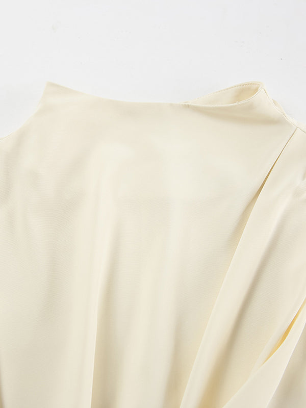 Pleated Solid Color Zipper Flared Sleeves Long Sleeves Stand Collar Blouses&Shirts Tops