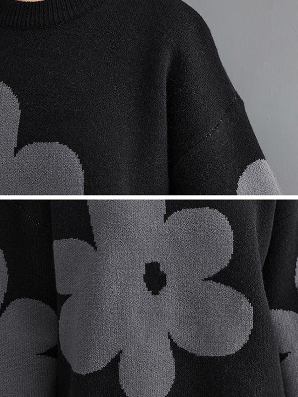 Casual Long Sleeves Loose Contrast Color Jacquard Round-Neck Pullovers