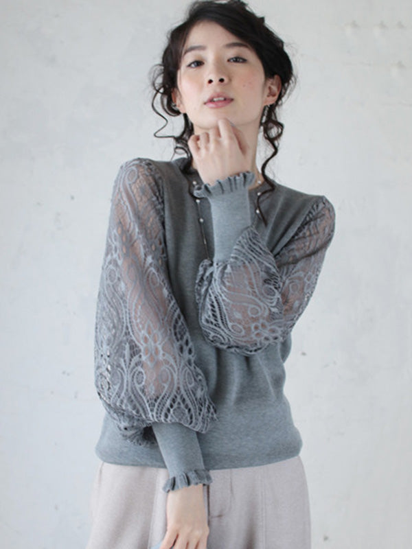 Original Loose Hollow Lace Round-Neck Long Puff Sleeves Sweater Pullovers
