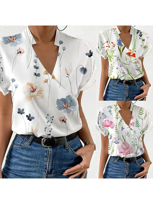 Floral Printed Split-Joint Loose Short Sleeves Stand Collar Blouses&Shirts Tops