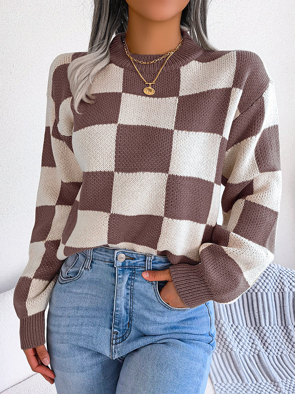 Contrast Color Plaid Long Sleeves Loose Round-Neck Sweater Tops