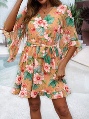 Flower Print Ruffle Trim Split-Joint Tied Waist Flared Sleeves Half Sleeves V-neck Mini Dresses