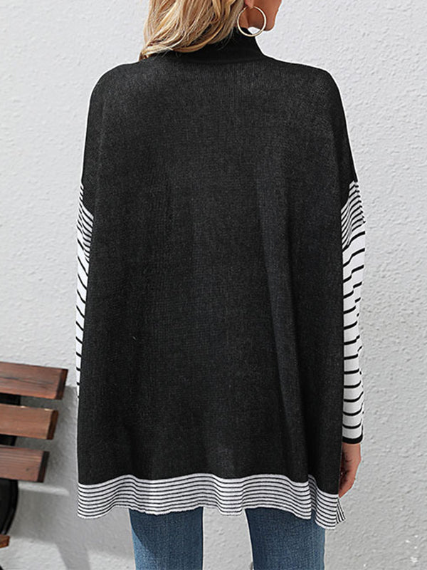 Contrast Color Striped Long Sleeves Loose Mock Neck Sweater Tops Pullovers