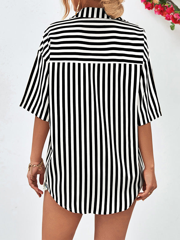Buttoned Striped Half Sleeves Loose Notched Collar Blouses&Shirts Tops