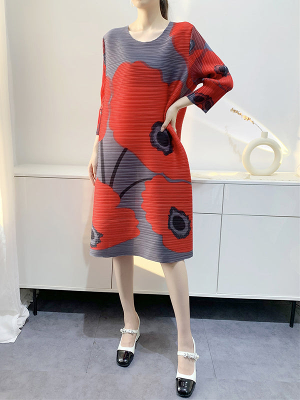 Original Three-Quarter Sleeves Loose Floral Printed Contrast Color Pleated Round-Neck Midi Dresses
