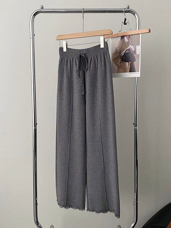 Fringed Pleated Solid Color Split-Joint Tied Waist High Waisted Loose Trousers Pants