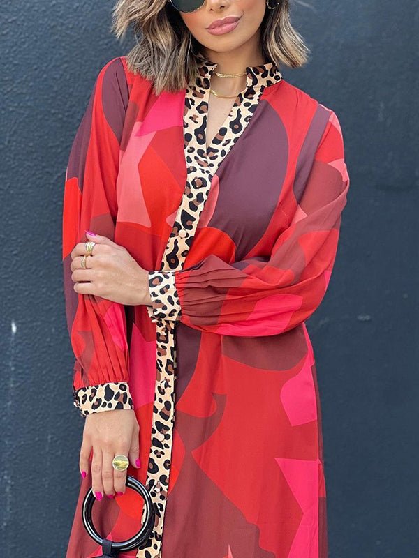Leopard Pleated Printed Split-Joint Long Sleeves Loose V-Neck Maxi Dresses