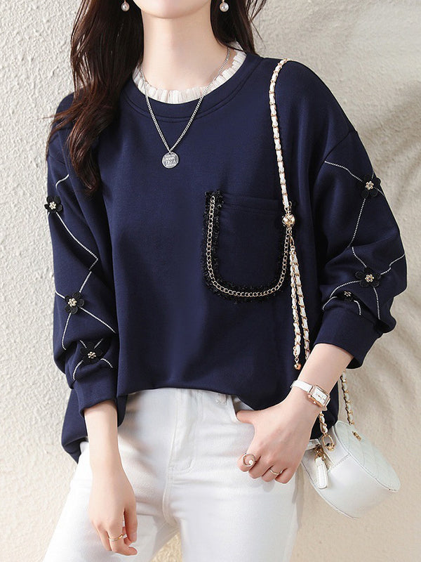 Chains Pockets Ruffled Split-Joint Three-Dimensional Flower Long Sleeves Loose Round-Neck T-Shirts Tops